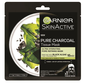 Garnier Black Tissue Charcoal Mask Black Algae מסכת טישו פחם אצות שחורות וחומצה היאלורונית