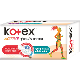 Kotex ACTIVE טמפונים ללא מוליך רמת ספיגה נורמל 32 יח&#39;