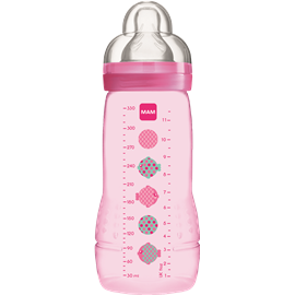 MAM בקבוק 330 מ”ל בצבעי בנות כולל פטמת FAST FLOW זרימה מהירה לגילאי 4 חודשים 